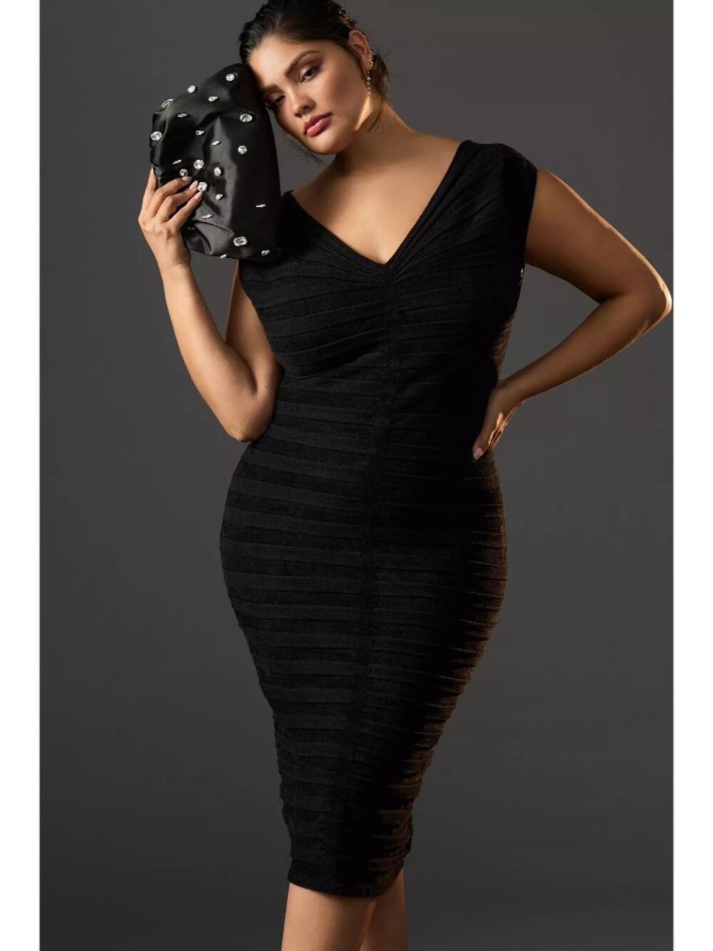 Anthropologie NWT V-Neck Chenille Midi Dress in Black size 3X Cocktail Chic